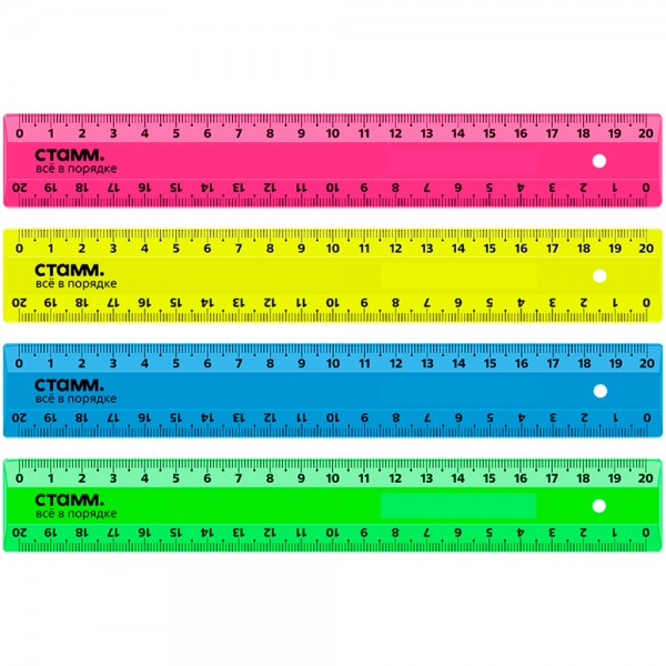 Линейка пластик 20см СТАММ 2 шкалы,  непрозрачная, неоновые цвета, ассорти351472