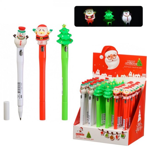 Шариковая ручка: детская НОВОГОДНИЕ; цветной корпус /ассорти/, прорезиненный клип фонарик-Дед Мороз, ёлка, снеговик; цвет чернил-синий. 8239Е